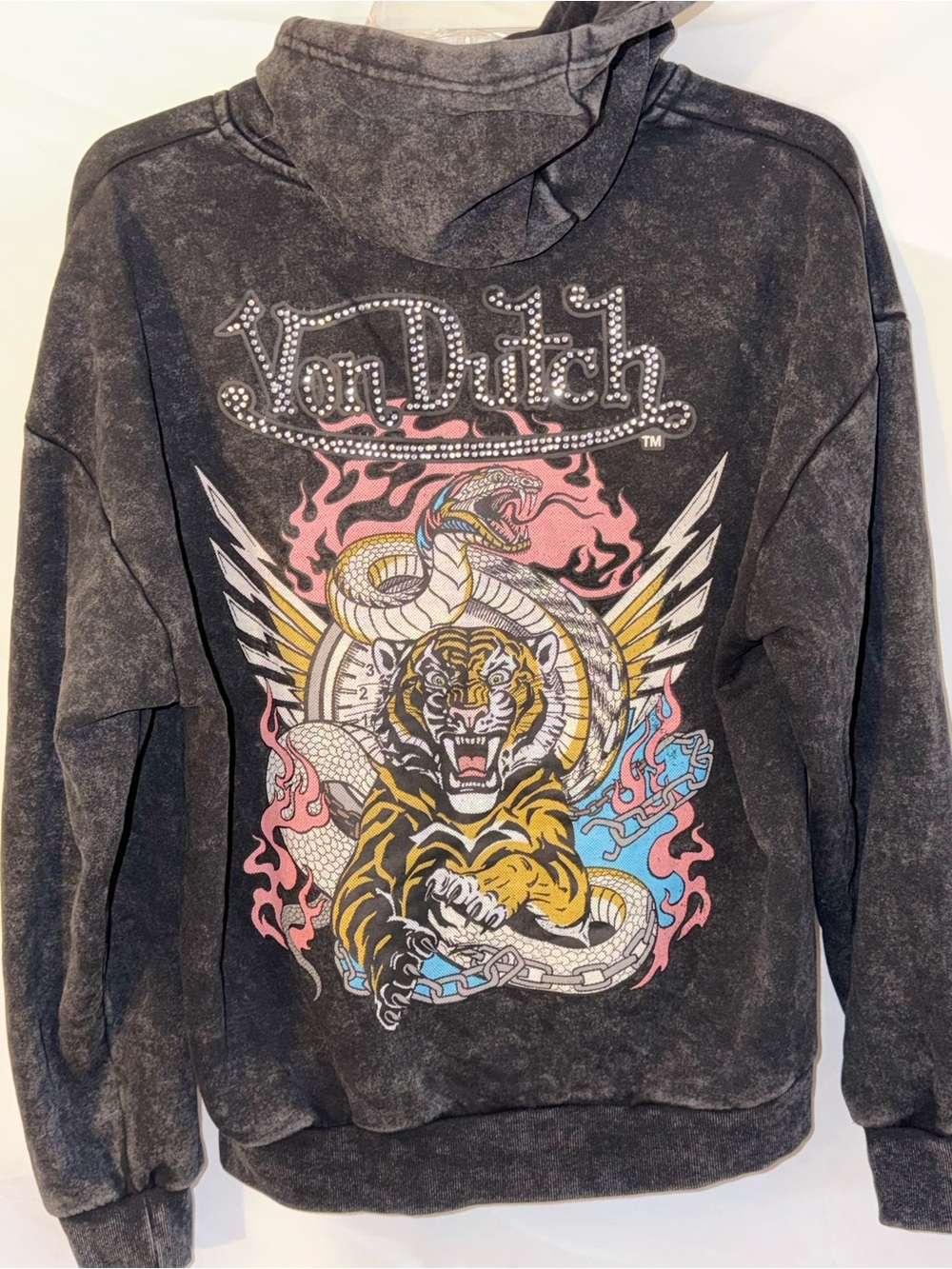 Von Dutch Cobra Tiger Acid Wash Full Zip Hoodie Rhinestone studded logo